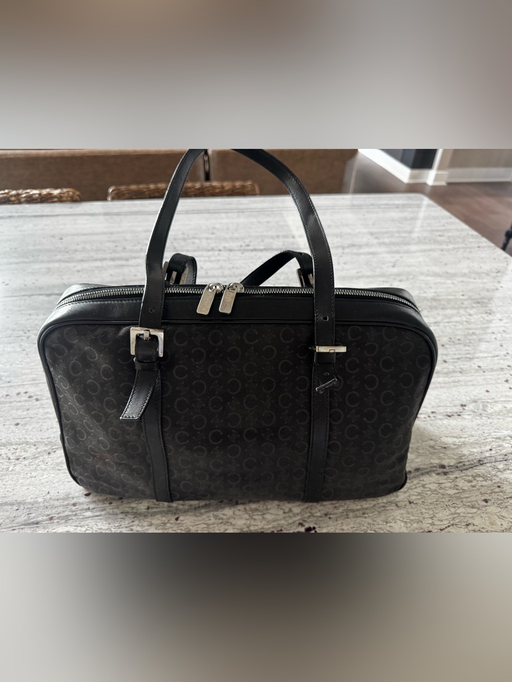 Authentic Celine Black Zip-Top Tote with Silver Hardware